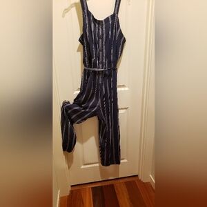 Avi Via Blue and White Womens Plus Striped Jumpsuit